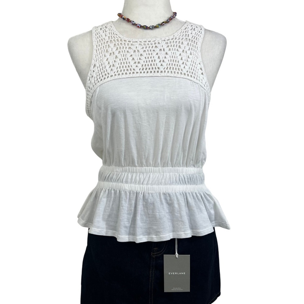 Lucky Brand Crochet Peplum Top Sleeveless Double Band Waist White XS 7WP6683 NWT